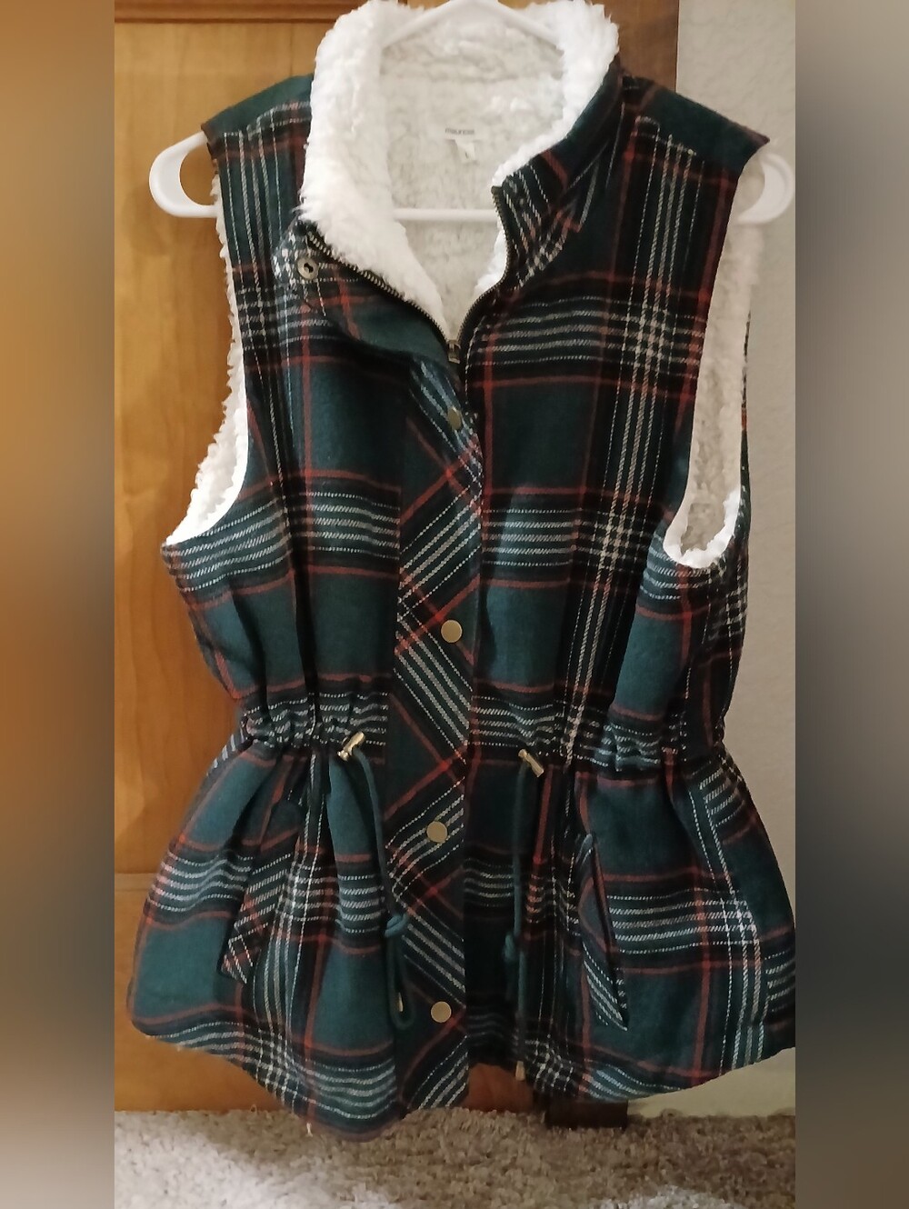 Maurices Green Plaid Sherpa Vest with Drawstring Waist